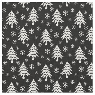 Whimsical Christmas Tree Snowflake White Black Fabric