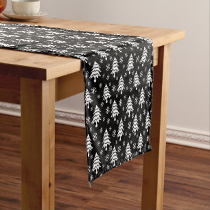Whimsical Christmas Tree Snowflake White Black Short Table Runner