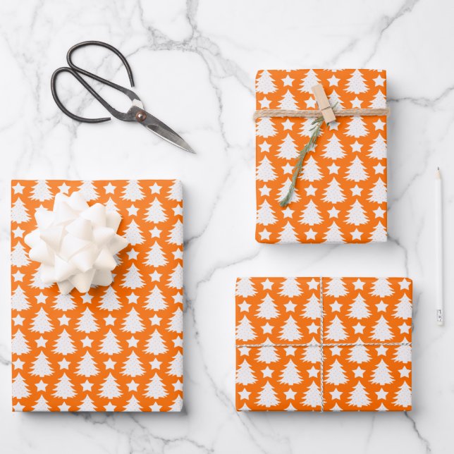 Whimsical Christmas Tree Star Orange White  Wrapping Paper Sheet (Front)