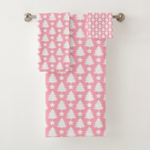 Whimsical Christmas Tree Star Pink White Bath Towel Set