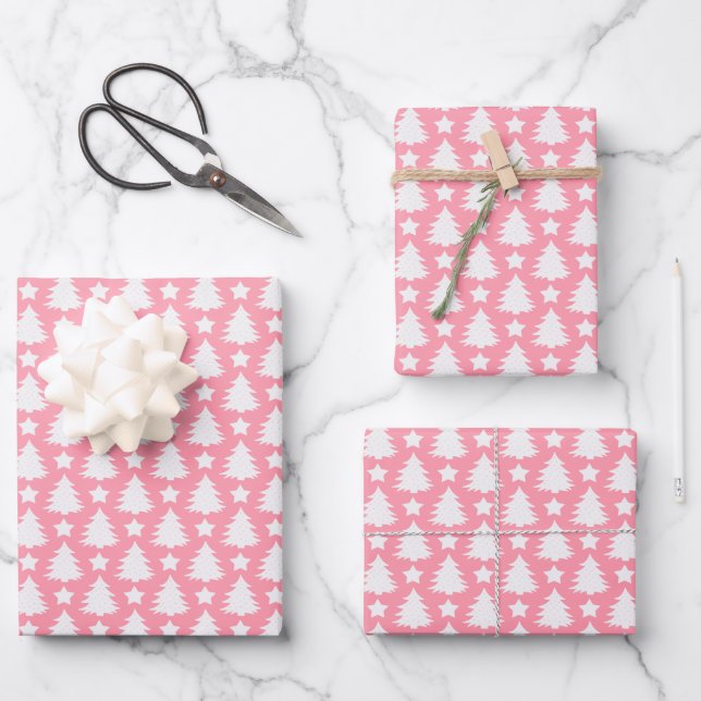 Whimsical Christmas Tree Star Pink White  Wrapping Paper Sheet (Front)