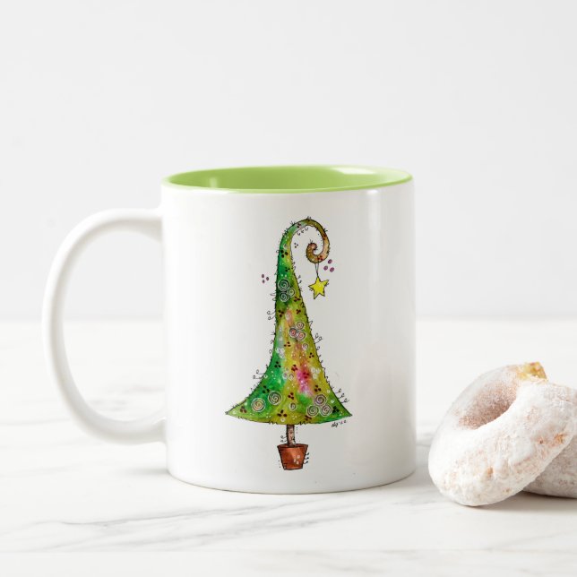 Whimsical Christmas Tree Two-Tone Coffee Mug (With Donut)
