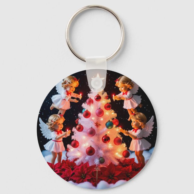 Whimsical Christmas Tree With Angel Figurines Key Ring (Front)