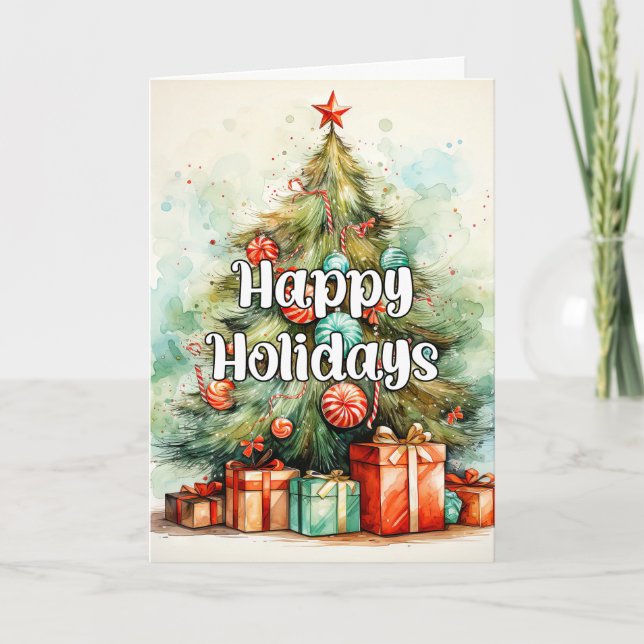 Whimsical Christmas Tree With Gifts Holiday Card (Front)