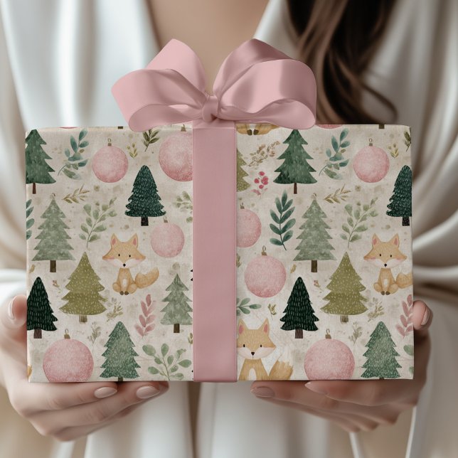 Whimsical Christmas Tree with Winter Fox Pastel Wrapping Paper (Creator Uploaded)