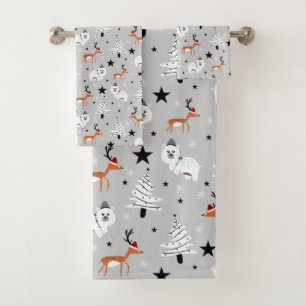 Whimsical Christmas Trees, Bears and Reindeers Bath Towel Set