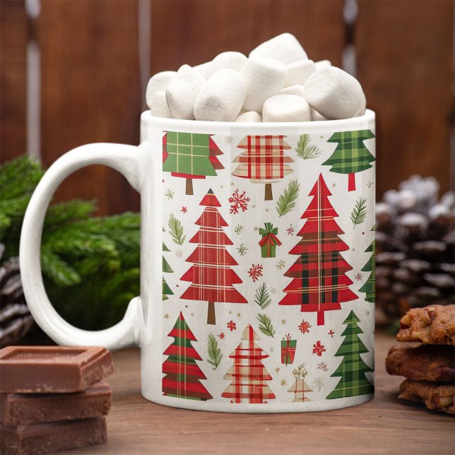 Whimsical Christmas Trees on Plaid Pattern   Coffee Mug (Creator Uploaded)