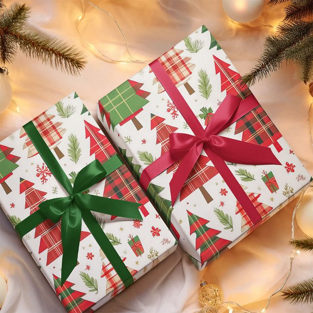 Whimsical Christmas Trees on Plaid Pattern  Wrapping Paper (Creator Uploaded)