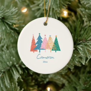 Whimsical Christmas Trees Personalised Name Family Ceramic Ornament