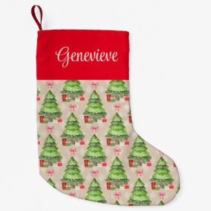 Whimsical Christmas Trees, Red Bows and Presents Small Christmas Stocking