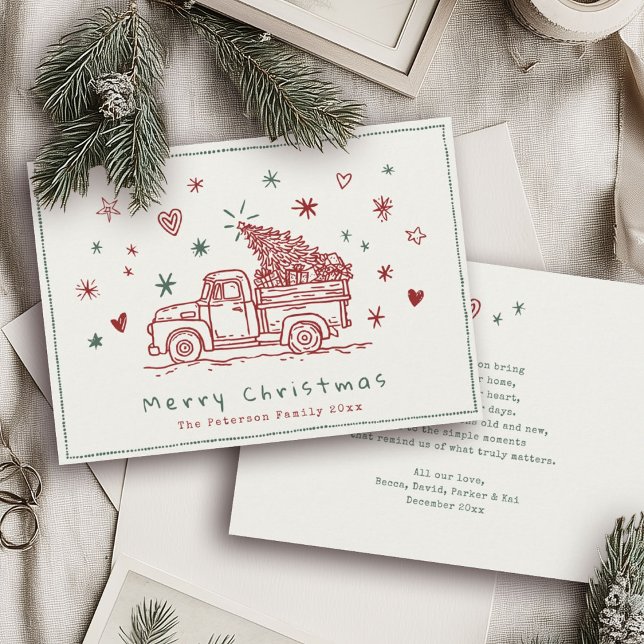 Whimsical Christmas Truck Retro Red and Green Holiday Card (Creator Uploaded)