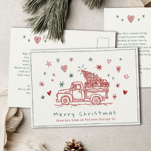 Whimsical Christmas Truck Retro Red and Green Holiday Postcard