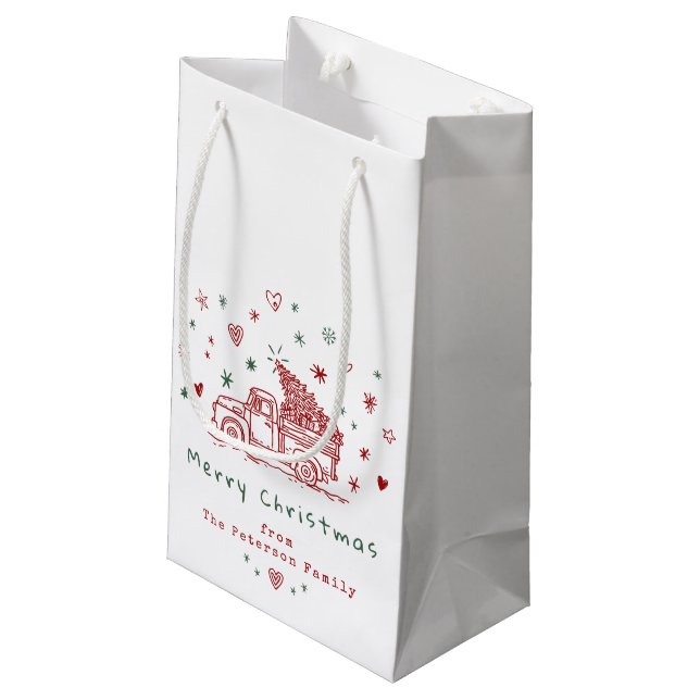 Whimsical Christmas Truck Retro Red and Green Small Gift Bag (Back Angled)