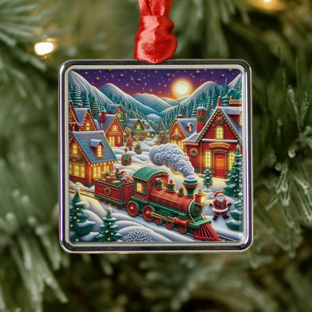 Whimsical Christmas Village Santa & Train Ornament (Tree)