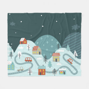 Whimsical Christmas Village Winter Cars Fleece Blanket