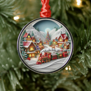 Whimsical Christmas Village with Train Ornament
