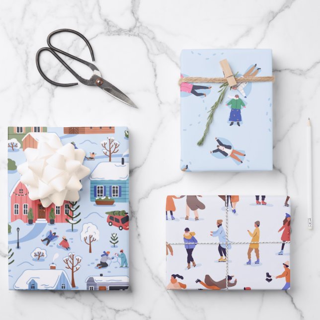 Whimsical Christmas Winter Snow Angels Ice Skating Wrapping Paper Sheet (Front)