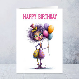 Whimsical Circus Clown Holding Balloons Birthday Card