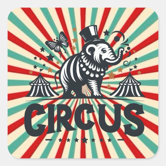 Whimsical Circus Sunburst Kids Birthday Party Square Sticker (Front)
