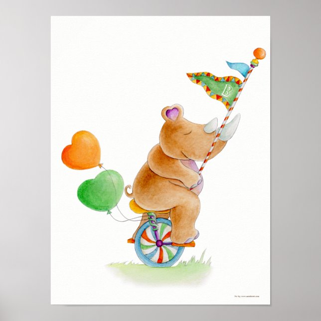 Whimsical circus unicycle rhino nursery poster (Front)