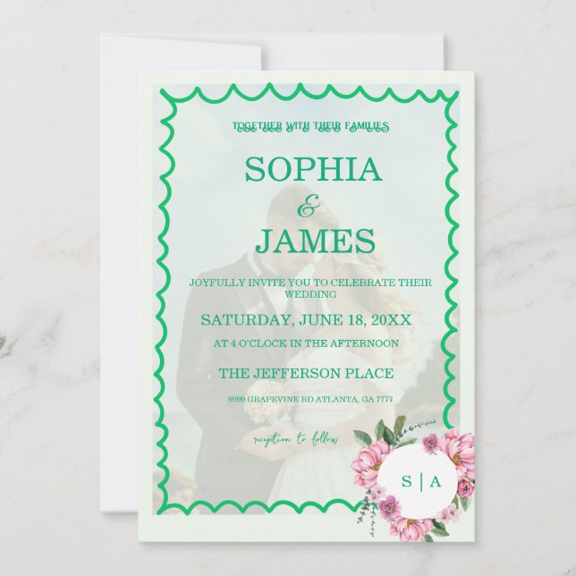 Whimsical Citrus Green & flower Wedding  Invitation (Front)