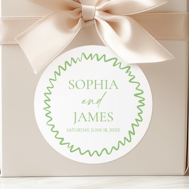 Whimsical Citrus Green Wavy Border Wedding Classic Round Sticker (Creator Uploaded)