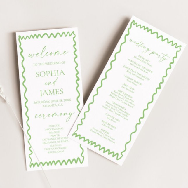 Whimsical Citrus Green Wavy Border Wedding Program (Creator Uploaded)