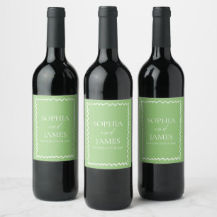 Whimsical Citrus Green Wavy Border Wedding Wine Label