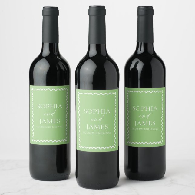 Whimsical Citrus Green Wavy Border Wedding Wine Label (Bottles)