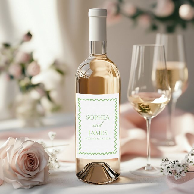 Whimsical Citrus Green Wavy Border Wedding Wine Label (Creator Uploaded)