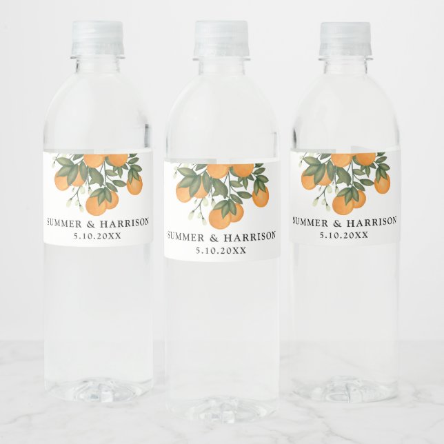Whimsical Citrus Greenery Botanical Orange Wedding Water Bottle Label (Bottles)