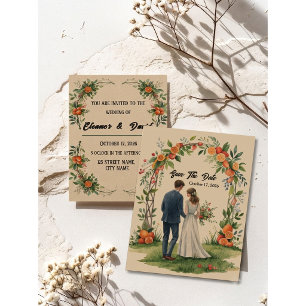 Whimsical Citrus Orange Grove Watercolor Couple Invitation
