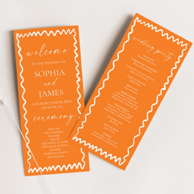 Whimsical Citrus Orange Wavy Border Wedding Program (Creator Uploaded)