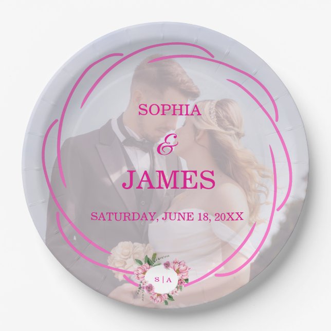 Whimsical Citrus Pink & flower Wedding  Sign Paper Plate (Front)