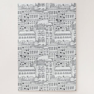 Whimsical City Buildings Hand-Drawn Pen and Ink Jigsaw Puzzle