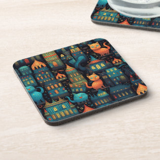 Whimsical City Cats AI Art Coaster
