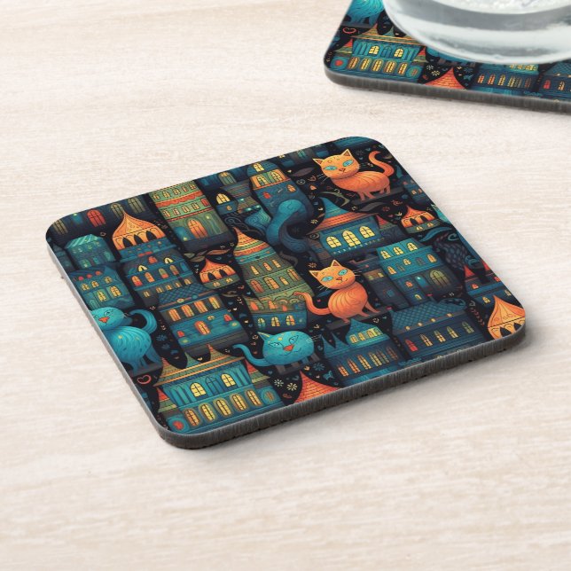 Whimsical City Cats AI Art Coaster (Left Side)