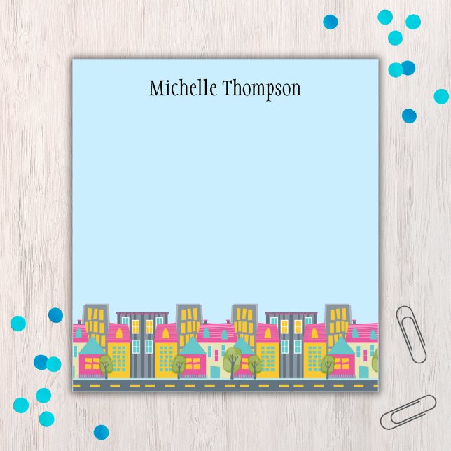 Whimsical City Scene Real Estate Agent Notepad (Personalized real estate agent notepad)