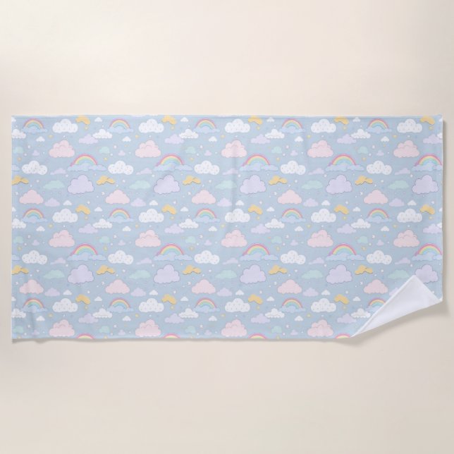 Whimsical Clouds and Rainbows Beach Towel (Front)