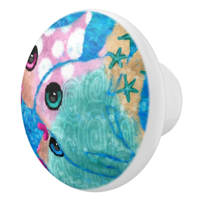 Whimsical Coastal Fish Beach Nautical Teal Pink Ceramic Knob (Right)