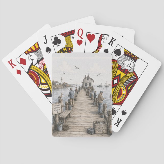 Whimsical Coastal Fishing Pier Playing Cards (Back)