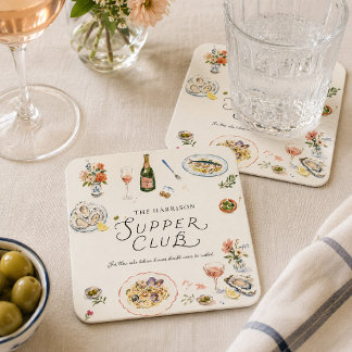 Whimsical Coastal Supper Club Watercolor Square Paper Coaster