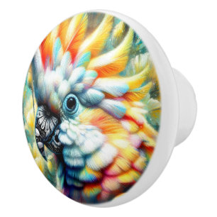 Whimsical Cockatoo Bird Yellow Poppies Floral  Ceramic Knob