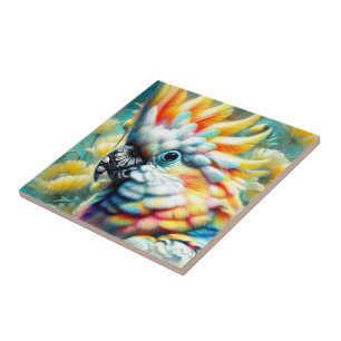 Whimsical Cockatoo Bird Yellow Poppies Floral Ceramic Tile