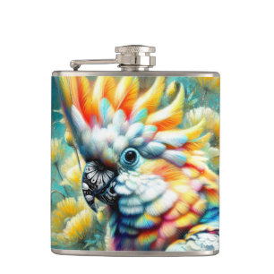Whimsical Cockatoo Bird Yellow Poppies Floral Hip Flask