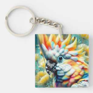 Whimsical Cockatoo Bird Yellow Poppies Floral Key Ring
