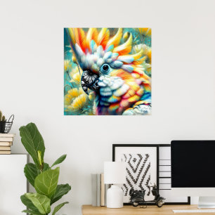 Whimsical Cockatoo Bird Yellow Poppies Floral Poster
