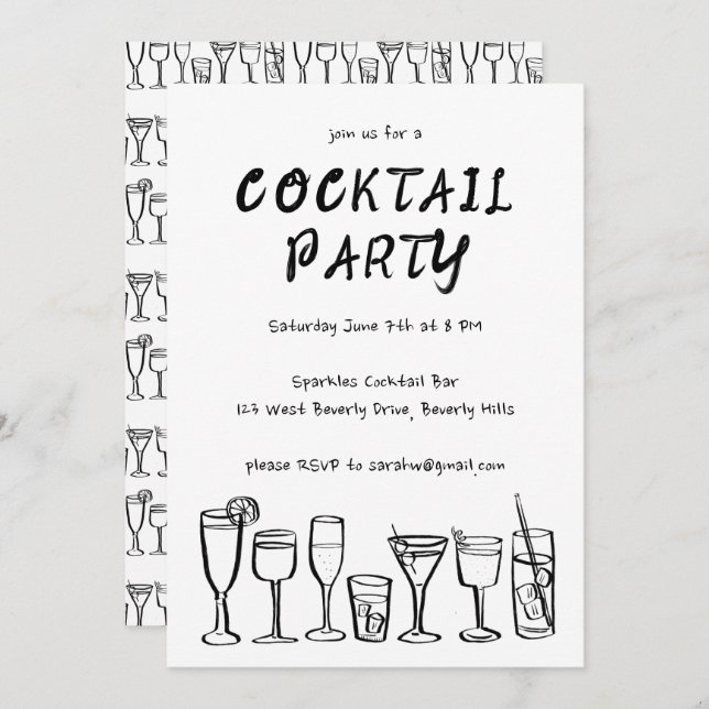 Whimsical Cocktail Drinks Custom Birthday Party BW Invitation (Front/Back)