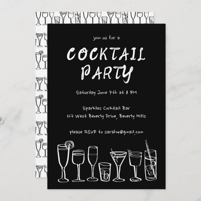 Whimsical Cocktail Drinks Custom Birthday Party BW Invitation (Front/Back)