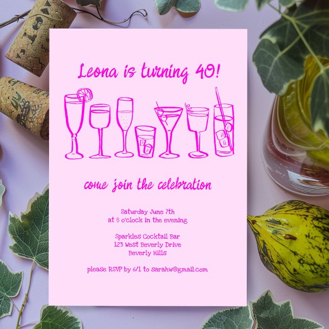 Whimsical Cocktail Drinks Custom Birthday Party Invitation (Whimsical Cocktail Drinks Custom Birthday Party Invitation Pink)